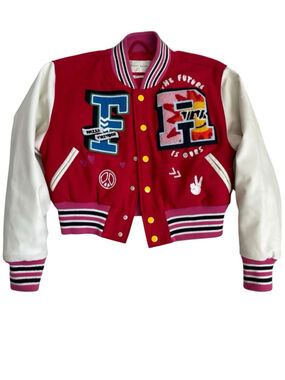 First Row Varsity Jacket Womens M Red White Wool Chenille Patch Letterman Bomber